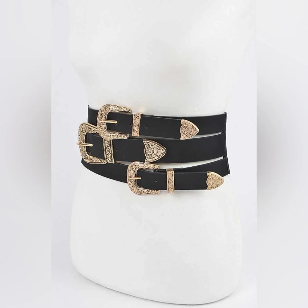 Western Triple Buckle Vegan Leather Elastic Statement Belt